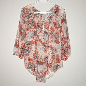 Lauren Conrad Pink Sheer Floral Flower Detail Button 3/4 Length Blouse Size S